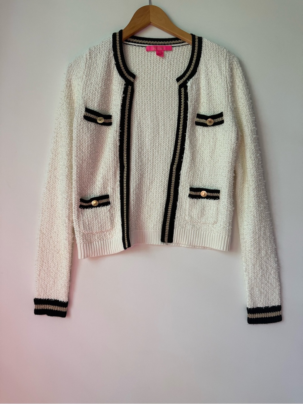 Lilly Pulitzer White Bouclé Cardigan with Black Trim and Gold Buttons - Picture 2 of 2